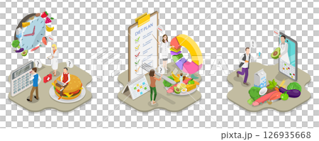 3D Isometric Flat  Illustration of Diet Plan, Promoting Healthy Eating 126935668