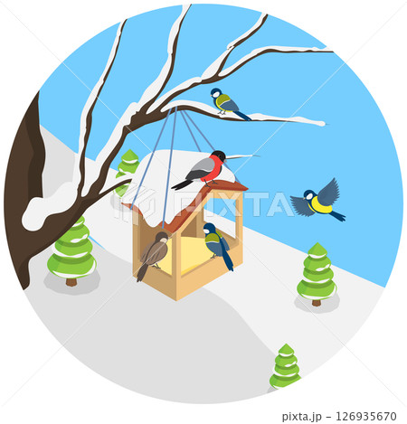 3D Isometric Flat  Illustration of Winter Landscape, Feeding Birds At The Feeder 126935670