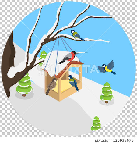 3D Isometric Flat  Illustration of Winter Landscape, Feeding Birds At The Feeder 126935670