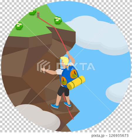 3D Isometric Flat  Illustration of Mountaineering, Scaling A Steep Rock Face 126935673