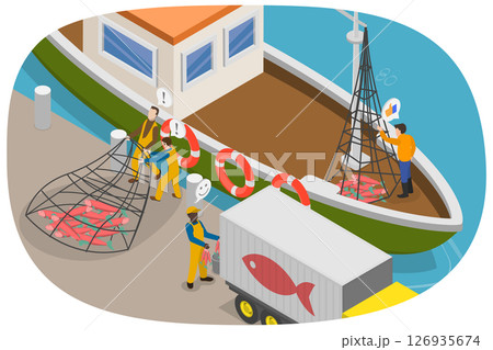 3D Isometric Flat Illustration of Commercial Fishing Industry, Net Fishery Ship 3D Isometric Flat Illustration of Commercial Fishing Industry, Net Fishery Ship 126935674