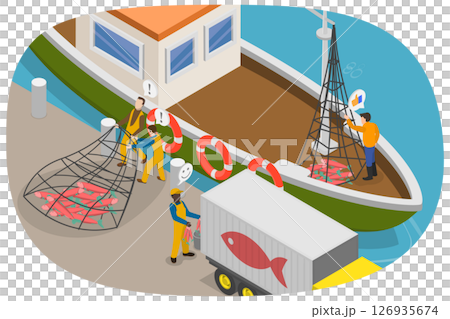 3D Isometric Flat  Illustration of Commercial Fishing Industry, Net Fishery Ship 126935674