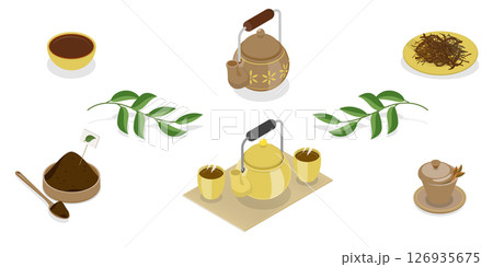 3D Isometric Flat  Set of Tea Elements, Different Tastes and Ingredients 126935675