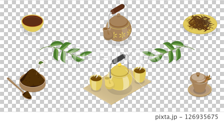 3D Isometric Flat  Set of Tea Elements, Different Tastes and Ingredients 126935675