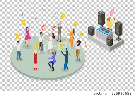 3D Isometric Flat Illustration of Wedding Dancing, DJ Mixing Tracks 3D Isometric Flat Illustration of Wedding Dancing, DJ Mixing Tracks 126935682