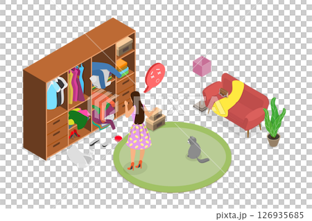 3D Isometric Flat Illustration of Chaos In Open Closet, Messy Clothes in Wardrobe 3D Isometric Flat Illustration of Chaos In Open Closet, Messy Clothes in Wardrobe 126935685