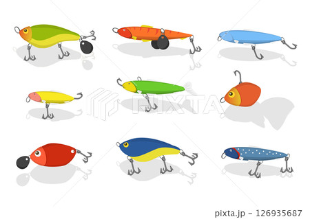 3D Isometric Flat  Illustration of Fishing Bait Collection, Fisherman Tackle and Artificial Fishes 126935687