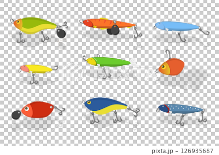 3D Isometric Flat  Illustration of Fishing Bait Collection, Fisherman Tackle and Artificial Fishes 126935687