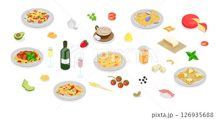 3D Isometric Flat  Illustration of Pasta And Wine Collection, Italian Cuisine 126935688