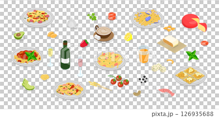 3D Isometric Flat  Illustration of Pasta And Wine Collection, Italian Cuisine 126935688