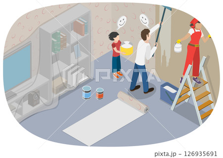 3D Isometric Flat Illustration of Home Renovation, Family Bonds Strengthened Through Home Repair And Wall Painting Session. 3D Isometric Flat Illustration of Home Renovation, Family Bonds Strengthened Through Home Repair And Wall Painting Session. 126935691