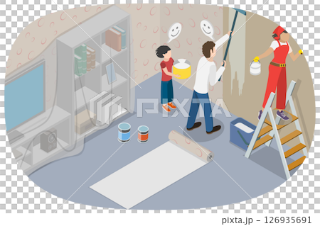 3D Isometric Flat Illustration of Home Renovation, Family Bonds Strengthened Through Home Repair And Wall Painting Session. 3D Isometric Flat Illustration of Home Renovation, Family Bonds Strengthened Through Home Repair And Wall Painting Session. 126935691