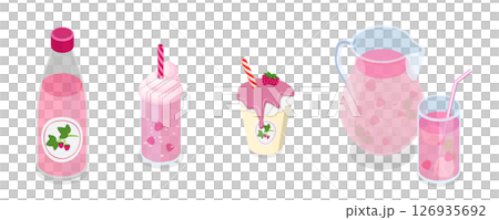3D Isometric Flat  Set of Refreshing Drinks, Strawberry Drinks In An Elegant Arrangement For Enjoying Alone Or With Friends 126935692