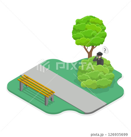 3D Isometric Flat  Illustration of Crime Investigation, Detective In Camouflage Spying With Binoculars 126935699