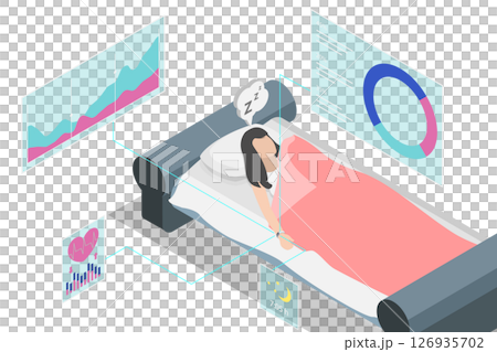 3D Isometric Flat Illustration of Sleep Tracker, Analyzing Sleep Quality Using Electronic Device In Bed 3D Isometric Flat Illustration of Sleep Tracker, Analyzing Sleep Quality Using Electronic Device In Bed 126935702