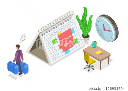 3D Isometric Flat  Illustration of Annual Leave , Joyful Person Carrying Suitcase After Noting Annual Leave On Calendar 126935704
