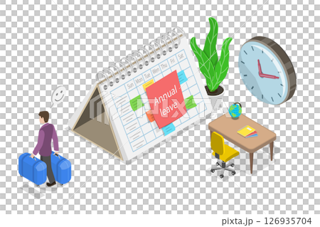 3D Isometric Flat  Illustration of Annual Leave , Joyful Person Carrying Suitcase After Noting Annual Leave On Calendar 126935704