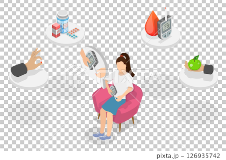 3D Isometric Flat  Illustration of Diabetes, Tracking Glucose Level 126935742