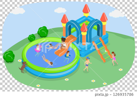 3D Isometric Flat  Illustration of Pool Party Kids, Children Having A Good Leisure Time 126935786