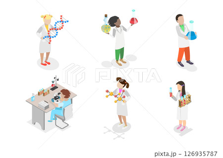 3D Isometric Flat  Illustration of Scientists Kids Characters, Young Scholars Exploring The World 126935787