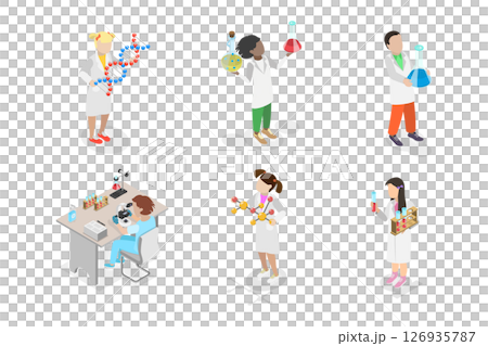 3D Isometric Flat  Illustration of Scientists Kids Characters, Young Scholars Exploring The World 126935787