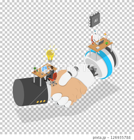 3D Isometric Flat  Illustration of Successful Human and AI Teamwork, Enhancing Work With Robot Assistance And AI Technology For Successful Results 126935788