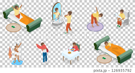 3D Isometric Flat  Illustration of Kids Daily Routine, Every Day Scenes 126935792