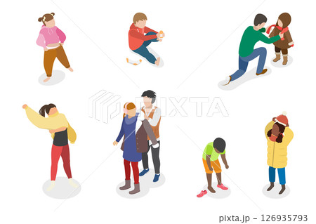 3D Isometric Flat  Set of Children Putting Clothes, Dressing Up 126935793