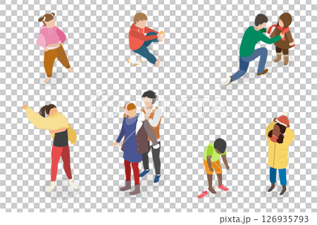 3D Isometric Flat  Set of Children Putting Clothes, Dressing Up 126935793
