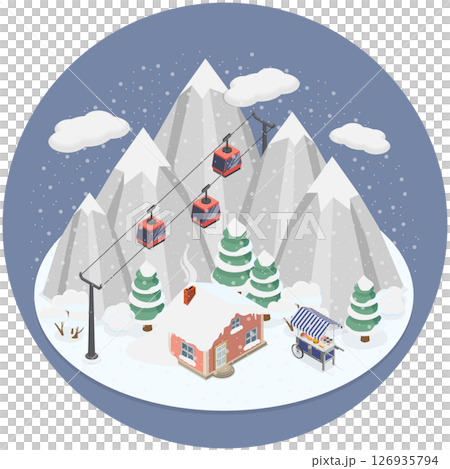 3D Isometric Flat  Illustration of Winter Mountain Resort, Landscape With Chalets And Funicular 126935794