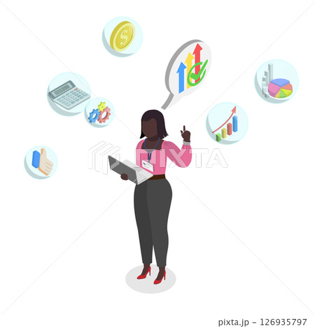 3D Isometric Flat  Illustration of Financial Analyst, Stock Market Trends 126935797