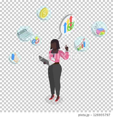 3D Isometric Flat  Illustration of Financial Analyst, Stock Market Trends 126935797