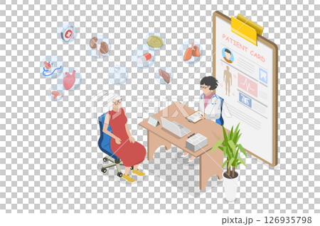 3D Isometric Flat  Illustration of Senior Health Care, Doctor Consulting a Old Patient 126935798