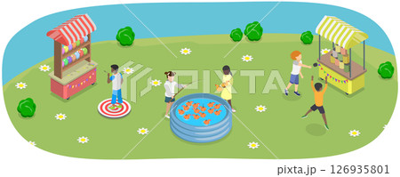 3D Isometric Flat  Illustration of Outdoor School Fair Games, Playground Entertainment 126935801