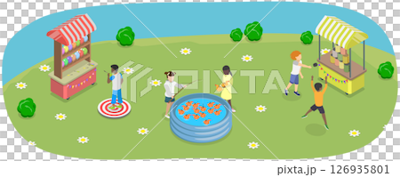 3D Isometric Flat  Illustration of Outdoor School Fair Games, Playground Entertainment 126935801