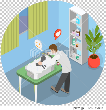 3D Isometric Flat Illustration of Pets Care, Owner Daily Activities 3D Isometric Flat Illustration of Pets Care, Owner Daily Activities 126935804