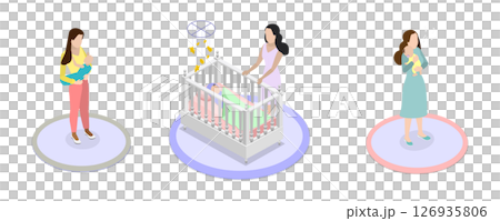 3D Isometric Flat  Illustration of Newborn Care, Baby Daily Routine 126935806