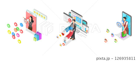 3D Isometric Flat  Illustration of Internet Marketing, Online Advertising Campaign 126935811