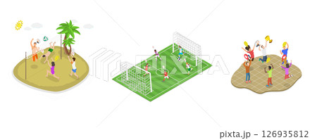 3D Isometric Flat  Illustration of Sport Team Mates, Student Sport Classes 126935812