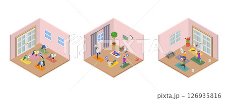 3D Isometric Flat  Illustration of Yoga Exercising, Healthy Lifestyle 126935816