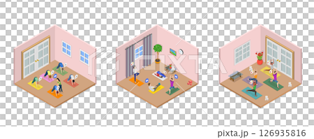 3D Isometric Flat  Illustration of Yoga Exercising, Healthy Lifestyle 126935816