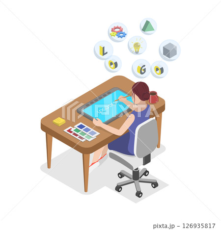 3D Isometric Flat  Illustration of Logo Creation, Brand Design 126935817