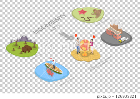 3D Isometric Flat  Illustration of Plants and Animals Destruction, Biodiversity Loss 126935821