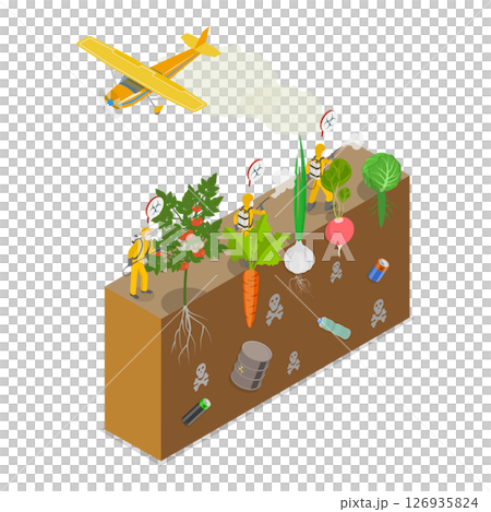 3D Isometric Flat  Illustration of Vegetables In Toxic Polluted Soil, Spraying Insecticides And Pesticides 126935824