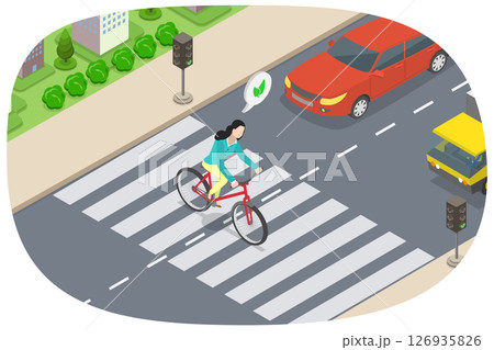3D Isometric Flat  Illustration of Zebra Markup, Urban Commuter Businessman Rides Bicycle To Work In The City 126935826