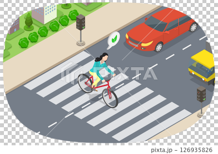 3D Isometric Flat  Illustration of Zebra Markup, Urban Commuter Businessman Rides Bicycle To Work In The City 126935826