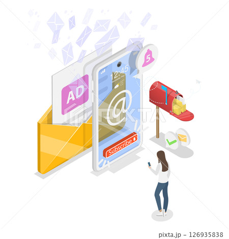 3D Isometric Flat  Illustration of Subscribe Newsletter Service, Online Marketing 126935838