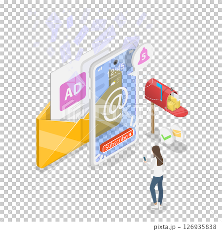 3D Isometric Flat  Illustration of Subscribe Newsletter Service, Online Marketing 126935838