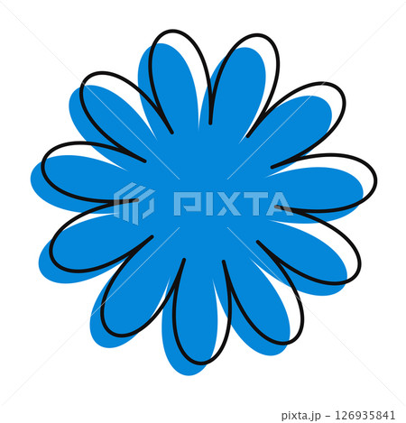 Scribble-style blue flower with slightly shifted black outline. A bold, colorful icon with retro floral character. 126935841