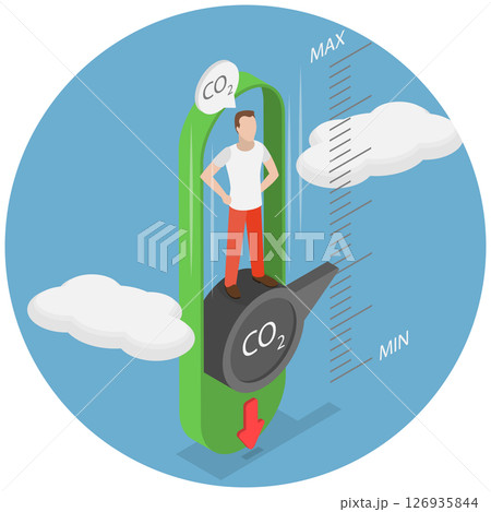 3D Isometric Flat Illustration of Zero Emission, Man Adjusting Gauge To Lower CO2 Level 3D Isometric Flat Illustration of Zero Emission, Man Adjusting Gauge To Lower CO2 Level 126935844